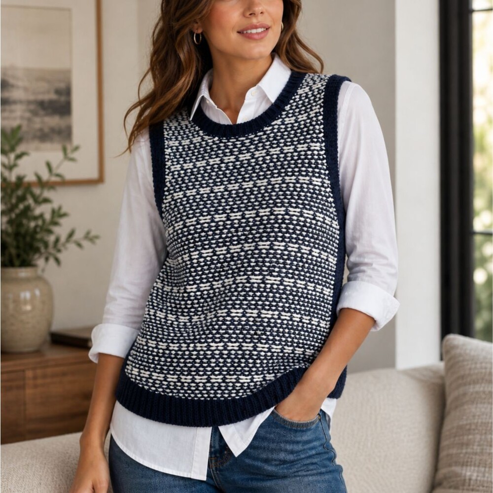 Anthropologie Moth Chunky Knit Sleeveless Sweater Vest Navy Blue & White Medium